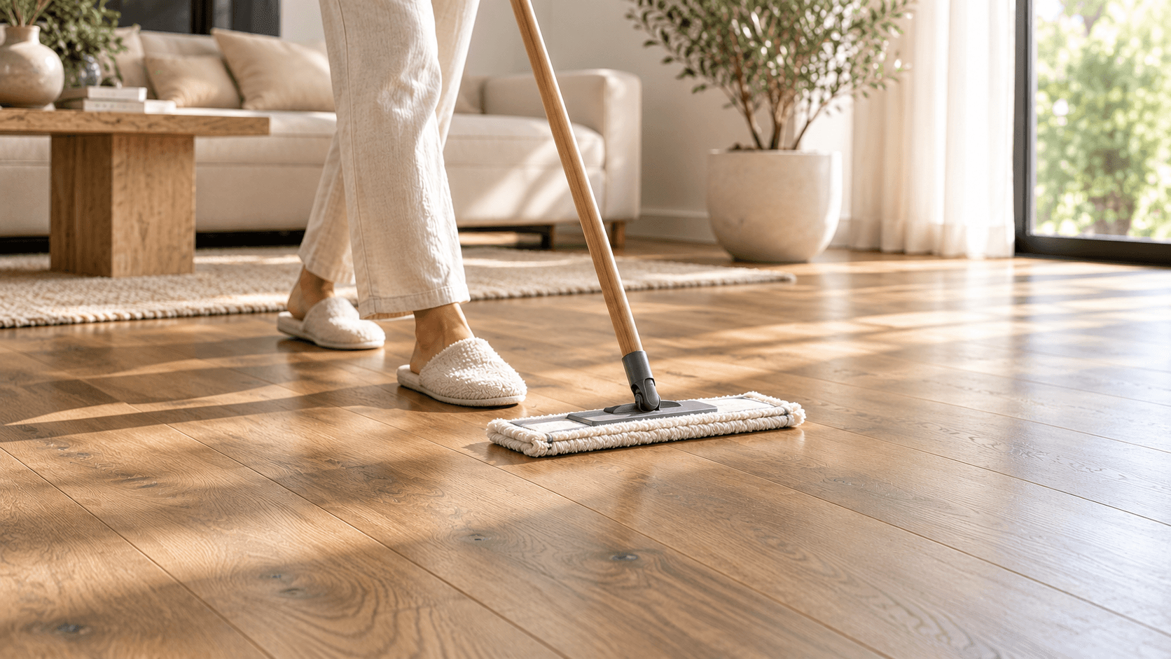 Person dry-mopping a sunlit oak floor with a microfiber mop in a calm living room