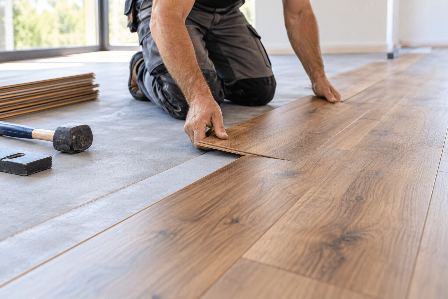 Installer kneeling to fit oak planks into place, with a mallet and a stack of boards nearby