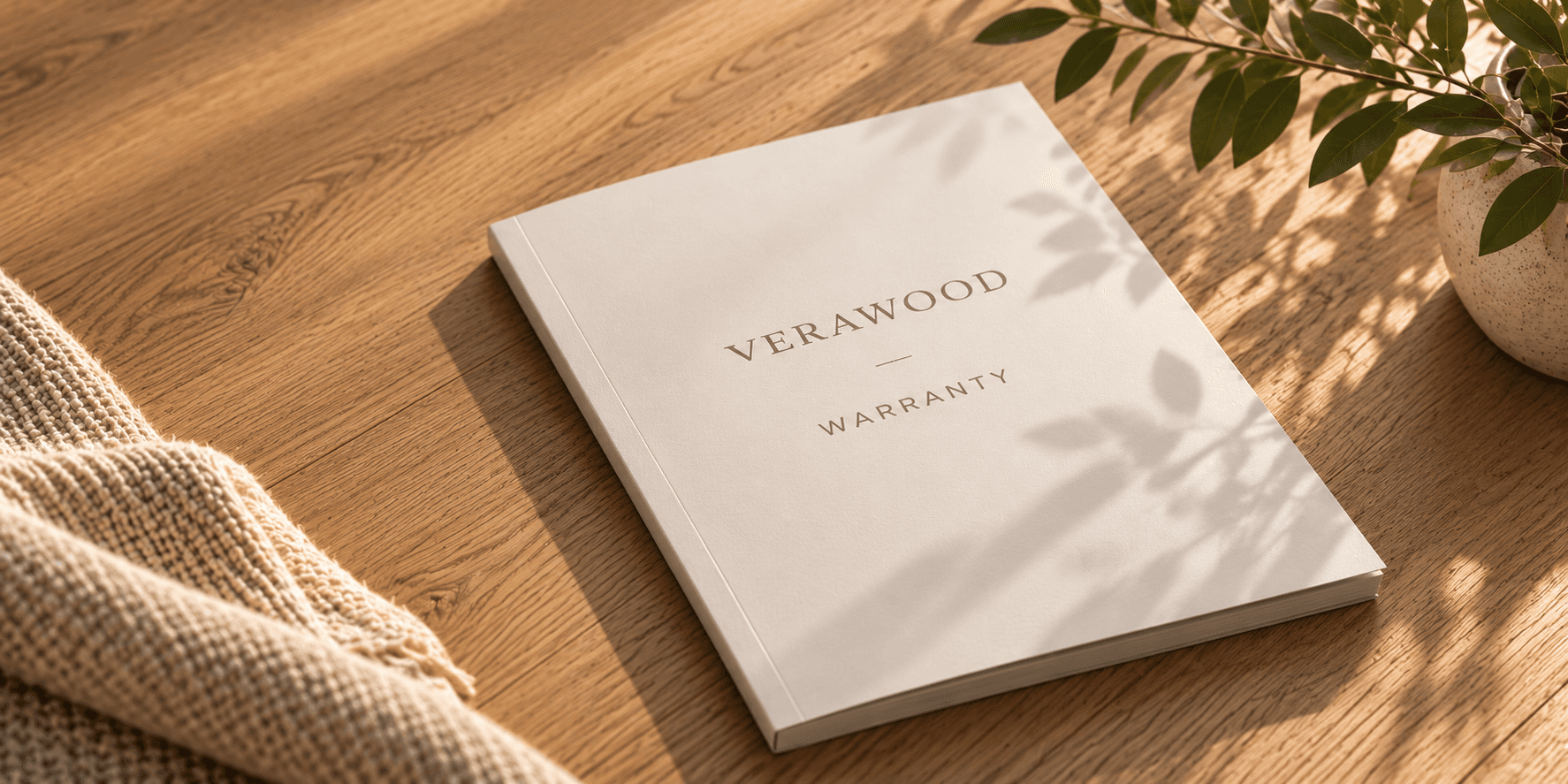 Verawood warranty booklet resting on a sunlit oak floor beside a knit throw and a potted plant